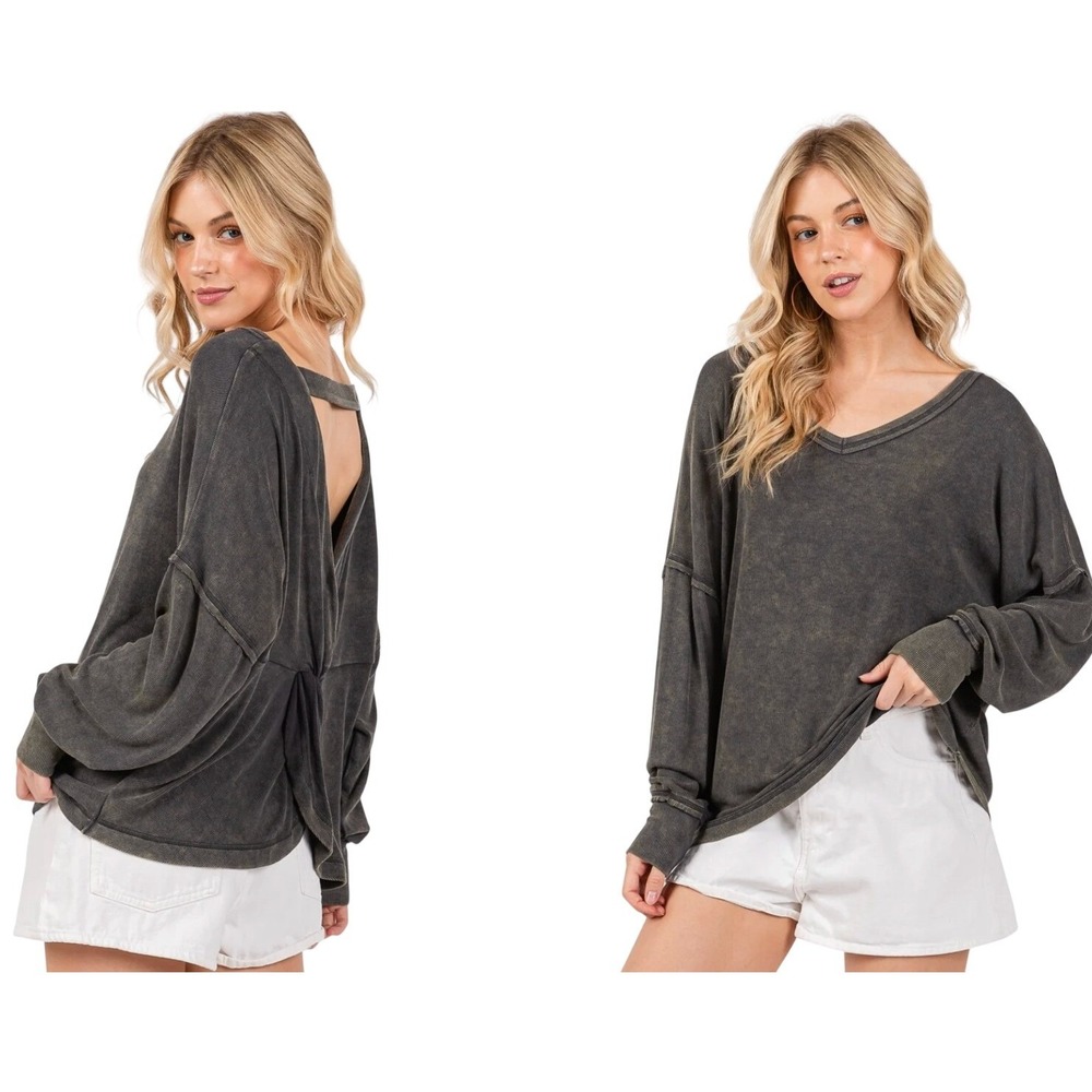 Sewn + Seen Long Sleeve Top Women M Gray Acid Wash Twist Back V-Neck Ribbed